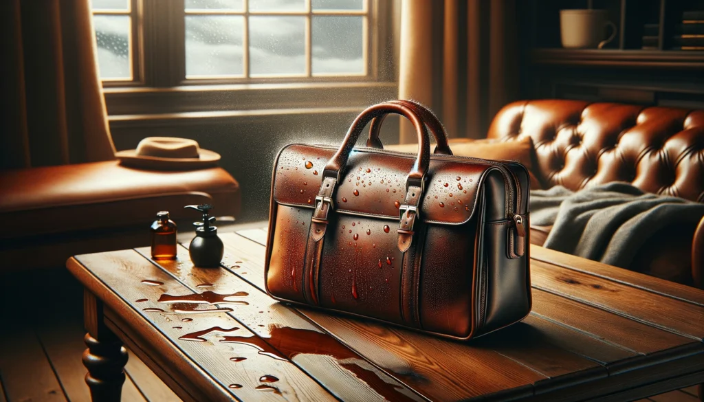 Stylish leather bag on a wooden table